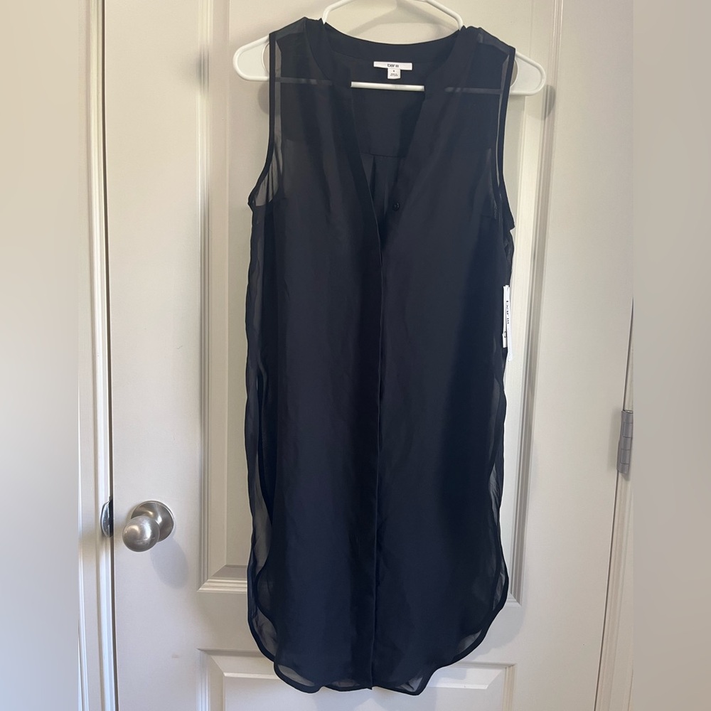 Women's Oversized Button-Front Sleeveless Shirt Sheer Panel - New